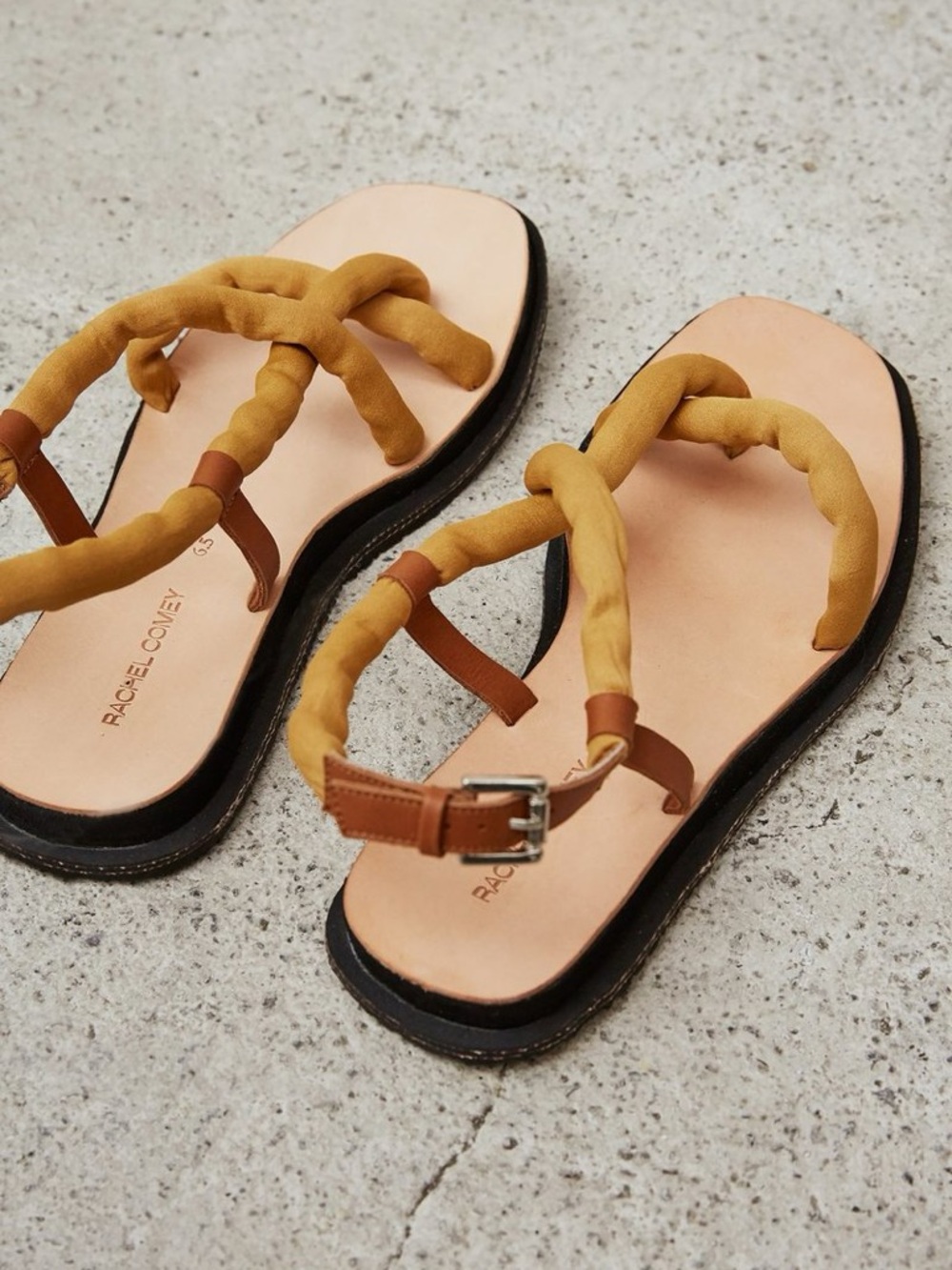 Rachel Comey Larz Mustard Braided-Style Leather Toe-Post Sandals Linen Size 9